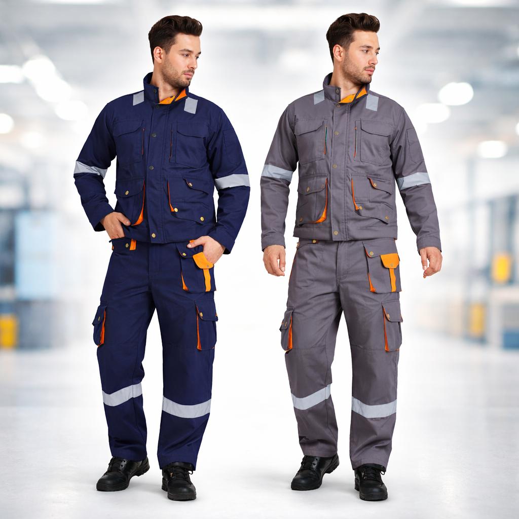 Two men in navy and grey work suits with reflective tape and cargo pockets