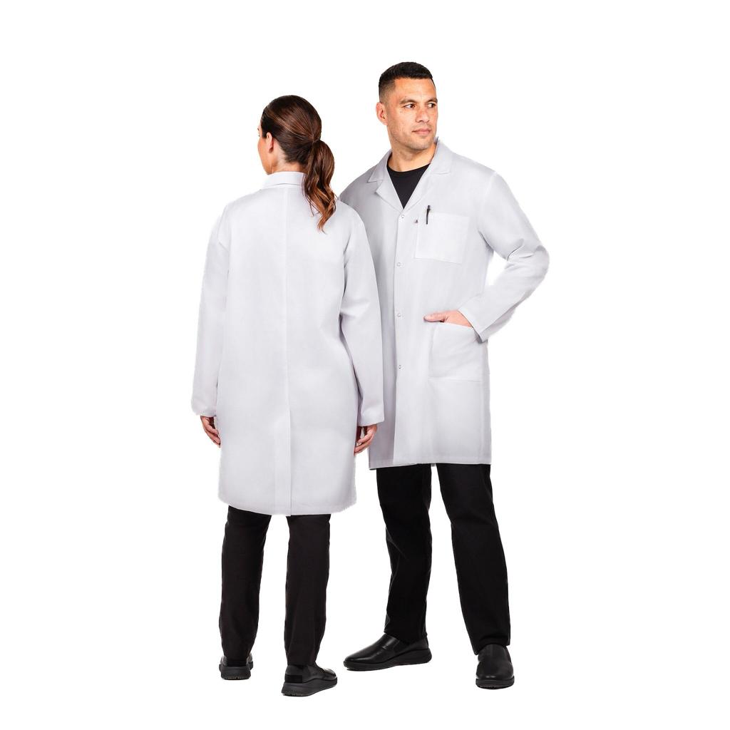Two people wearing white dust coats, shown from the front and the back