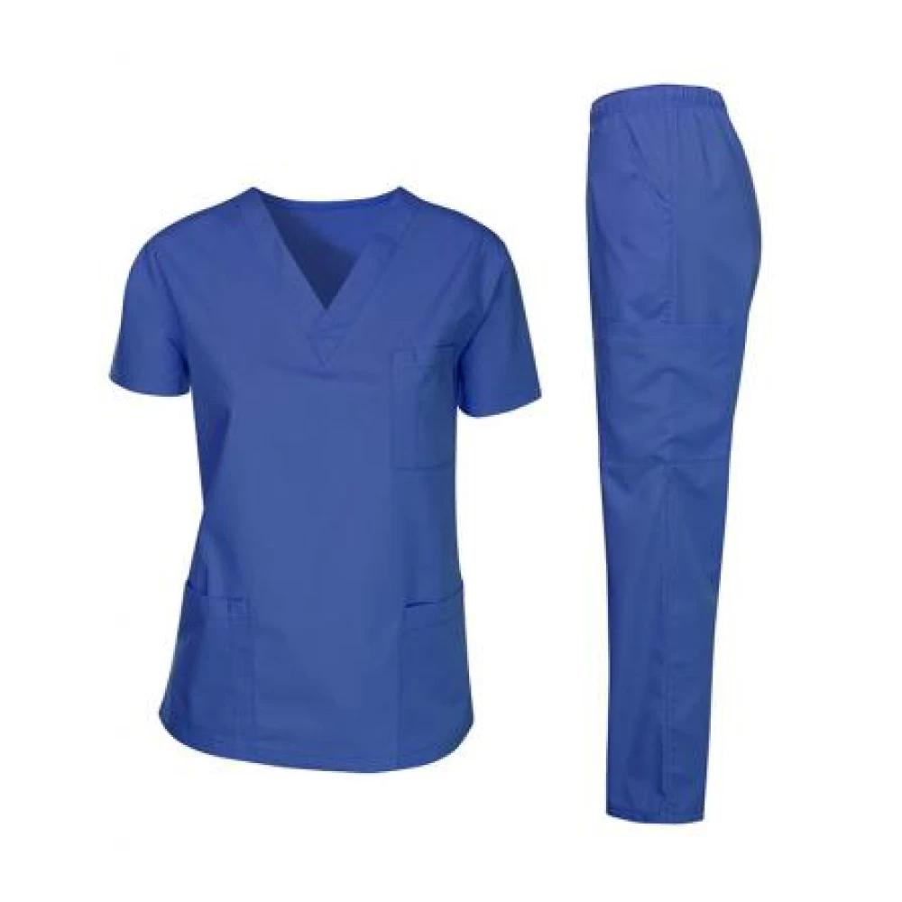 Royal blue V-neck scrub top and matching scrub pants