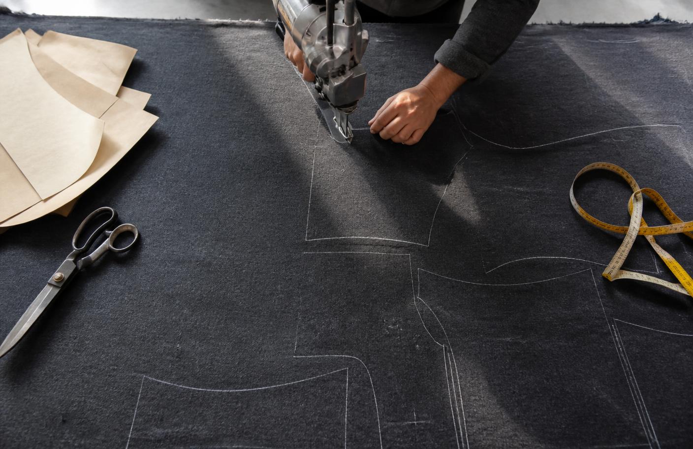 Chalked pattern pieces on charcoal fleece across the cutting table