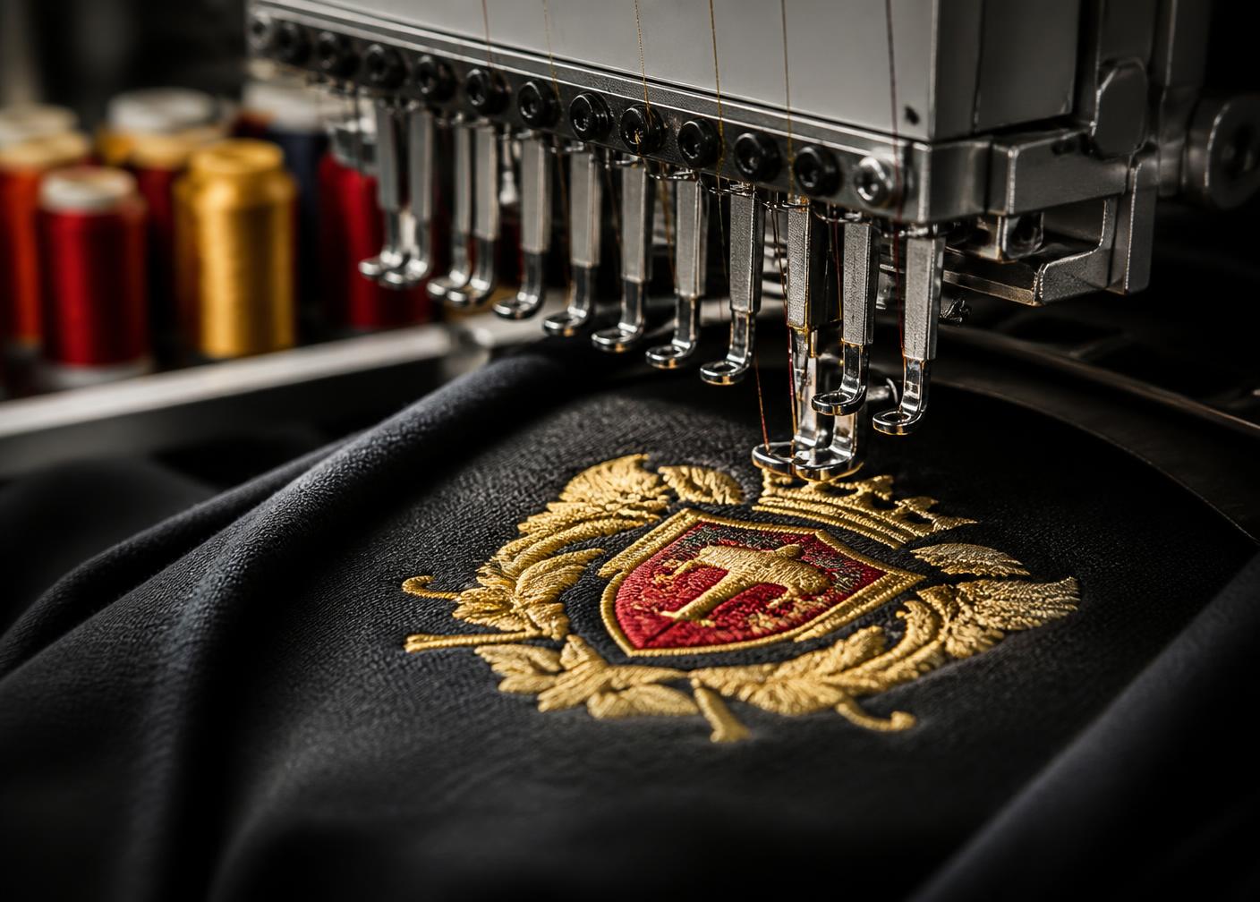Gold and red club crest being Embroidered onto black fleece