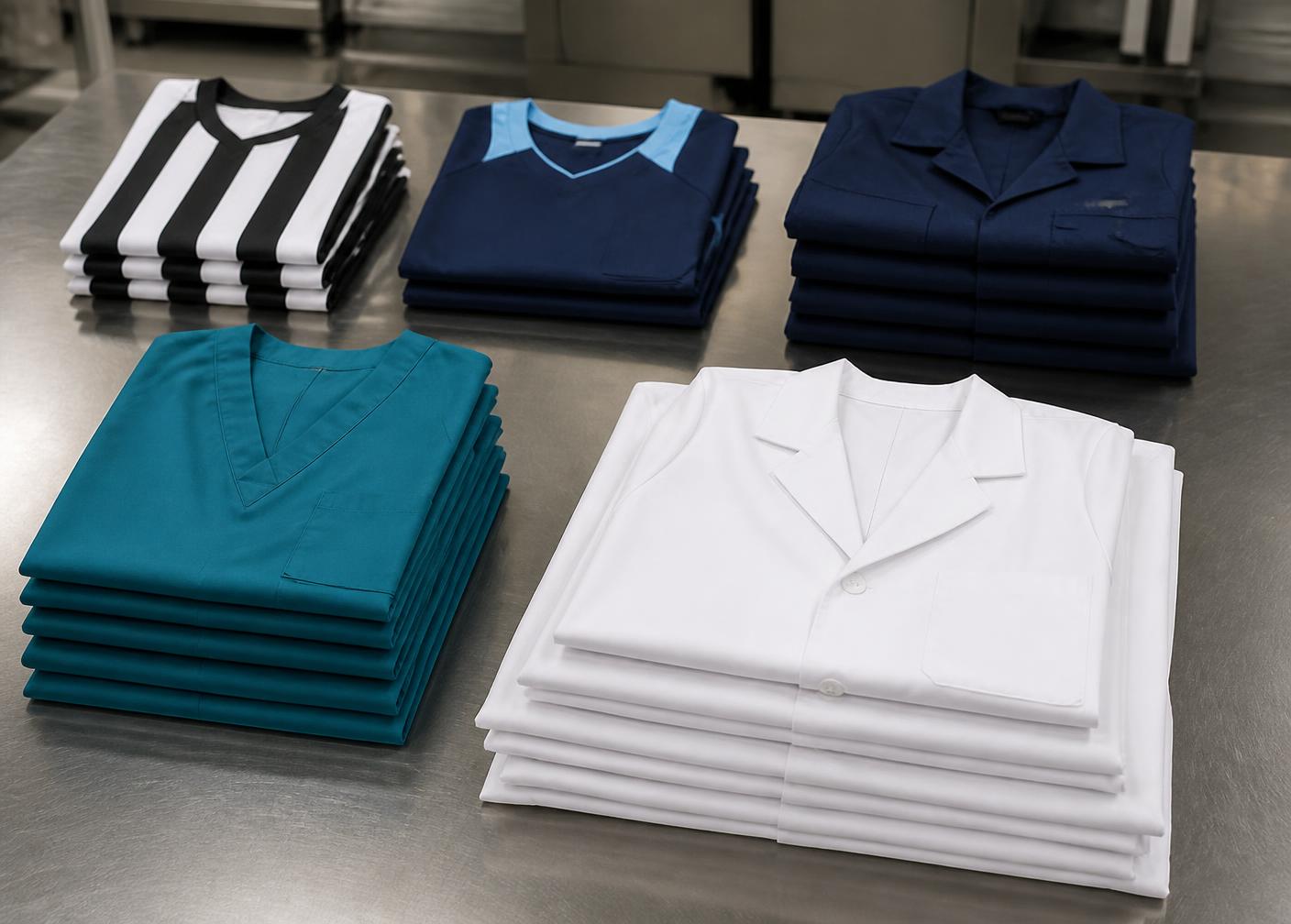 Pressed work suits, scrubs and dust coats stacked for packing